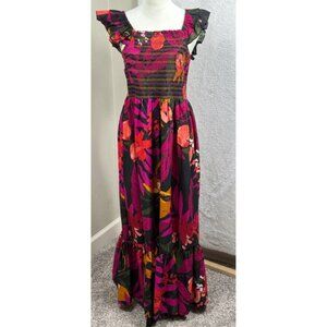 Live 4 Truth Maxi Dress Floral Smocked Ruffle Tropical Bohemian Women's L